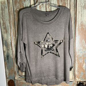 Tempo Paris Oversize Top Size M/L Gray Dye Star Distressed Sequin Silk Viscose